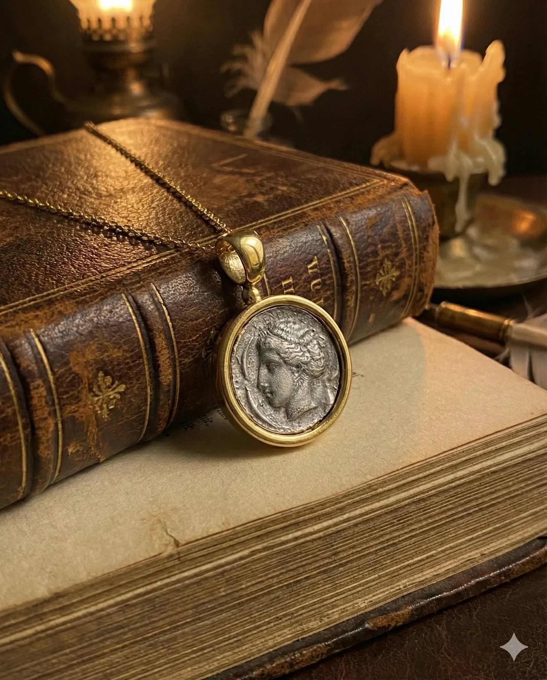 Dark Academia goddess coin pendant necklace in 18K gold-tone plated brass with antique coin look, 50cm chain plus extender