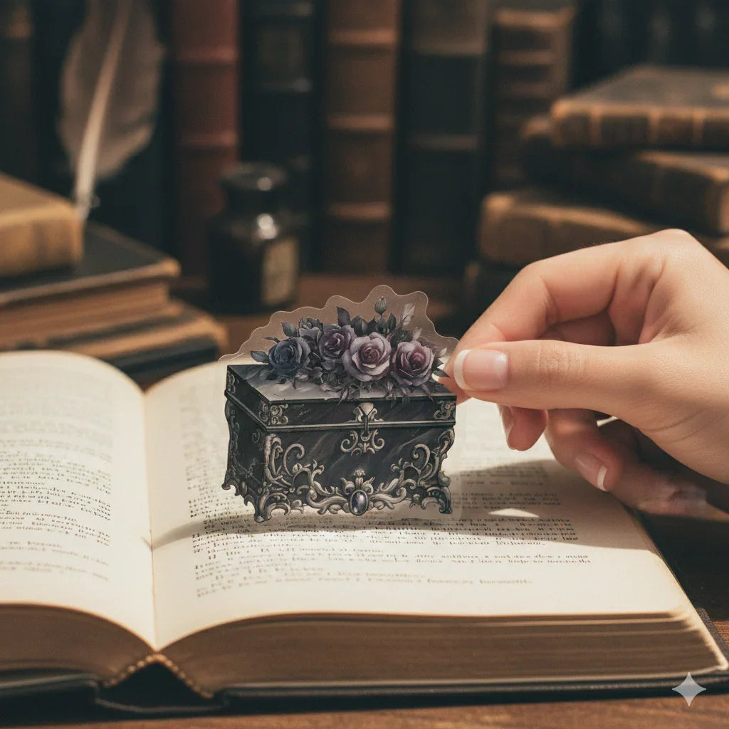 Dark Academia gothic rose sticker pack with 56 assorted midnight blue collage stickers, up to 5cm pieces