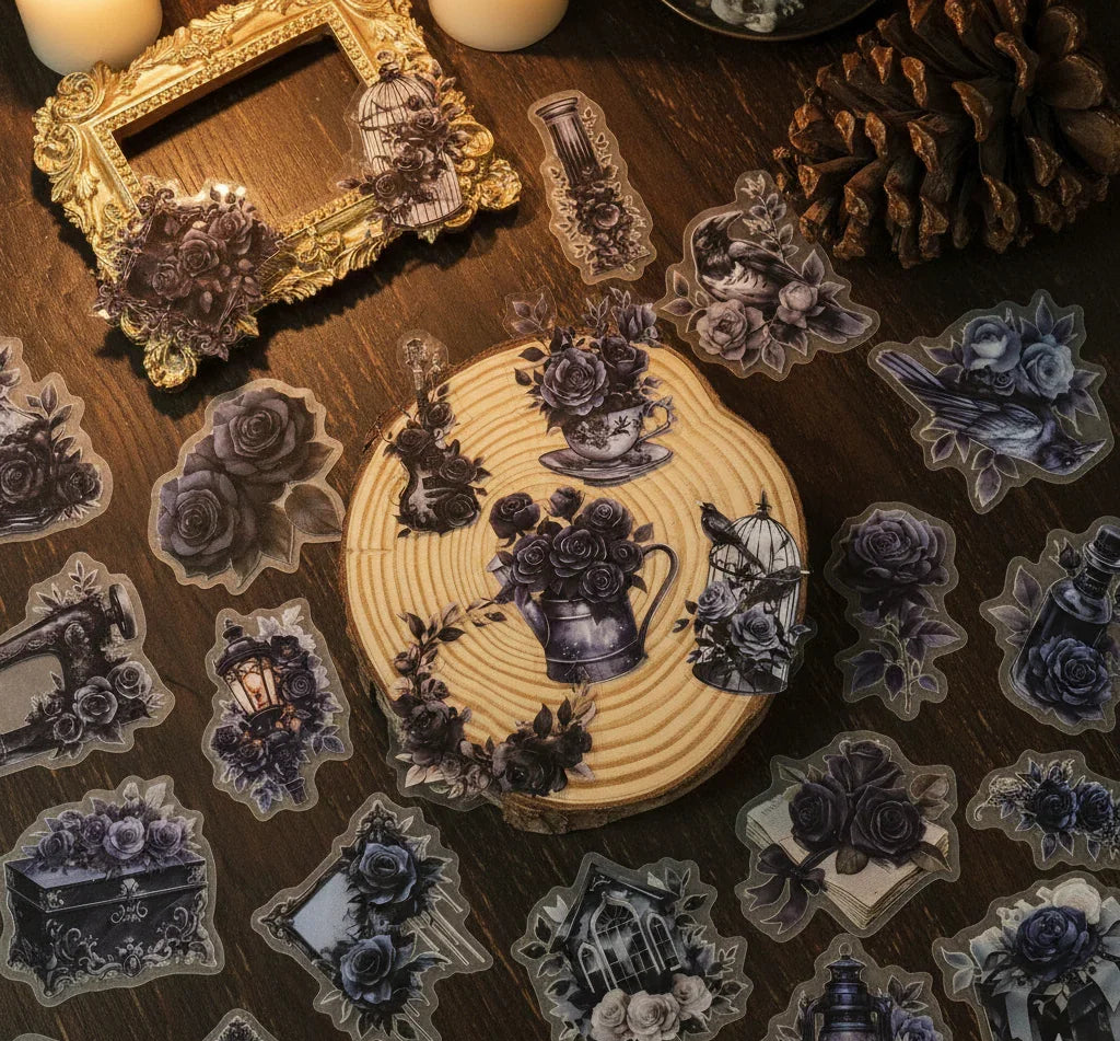 Dark Academia gothic rose sticker pack with 56 assorted midnight blue collage stickers, up to 5cm pieces