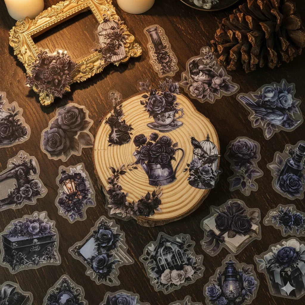 Dark Academia gothic rose sticker pack with 56 assorted midnight blue collage stickers, up to 5cm pieces