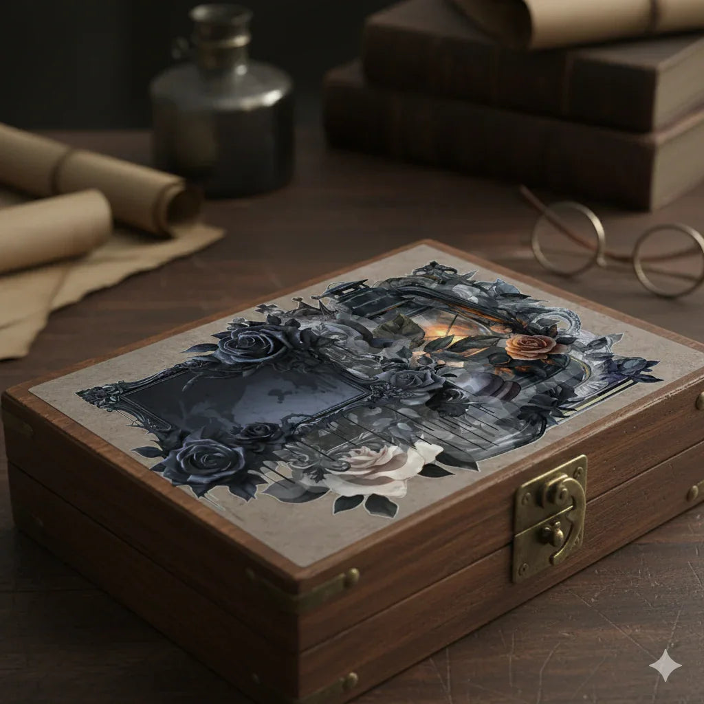 Dark Academia gothic rose sticker pack with 56 assorted midnight blue collage stickers, up to 5cm pieces