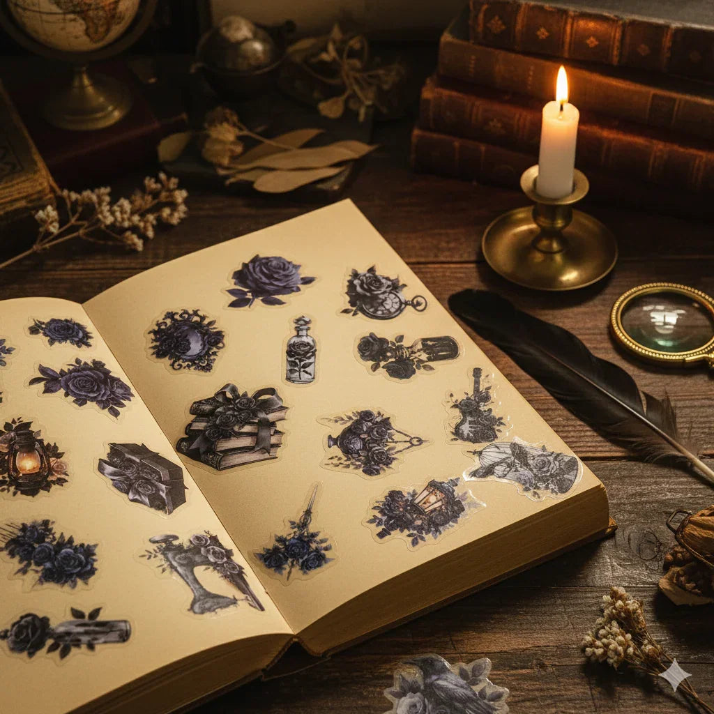 Dark Academia gothic rose sticker pack with 56 assorted midnight blue collage stickers, up to 5cm pieces