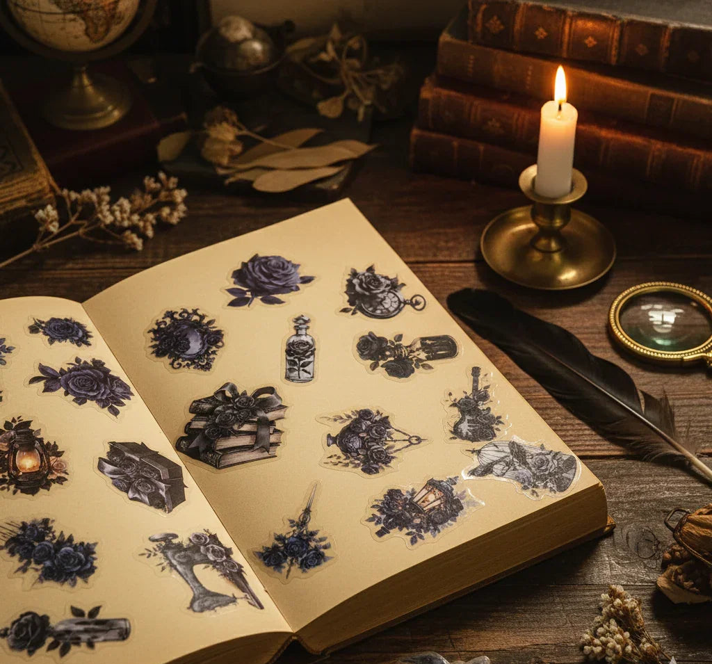 Dark Academia gothic rose sticker pack with 56 assorted midnight blue collage stickers, up to 5cm pieces