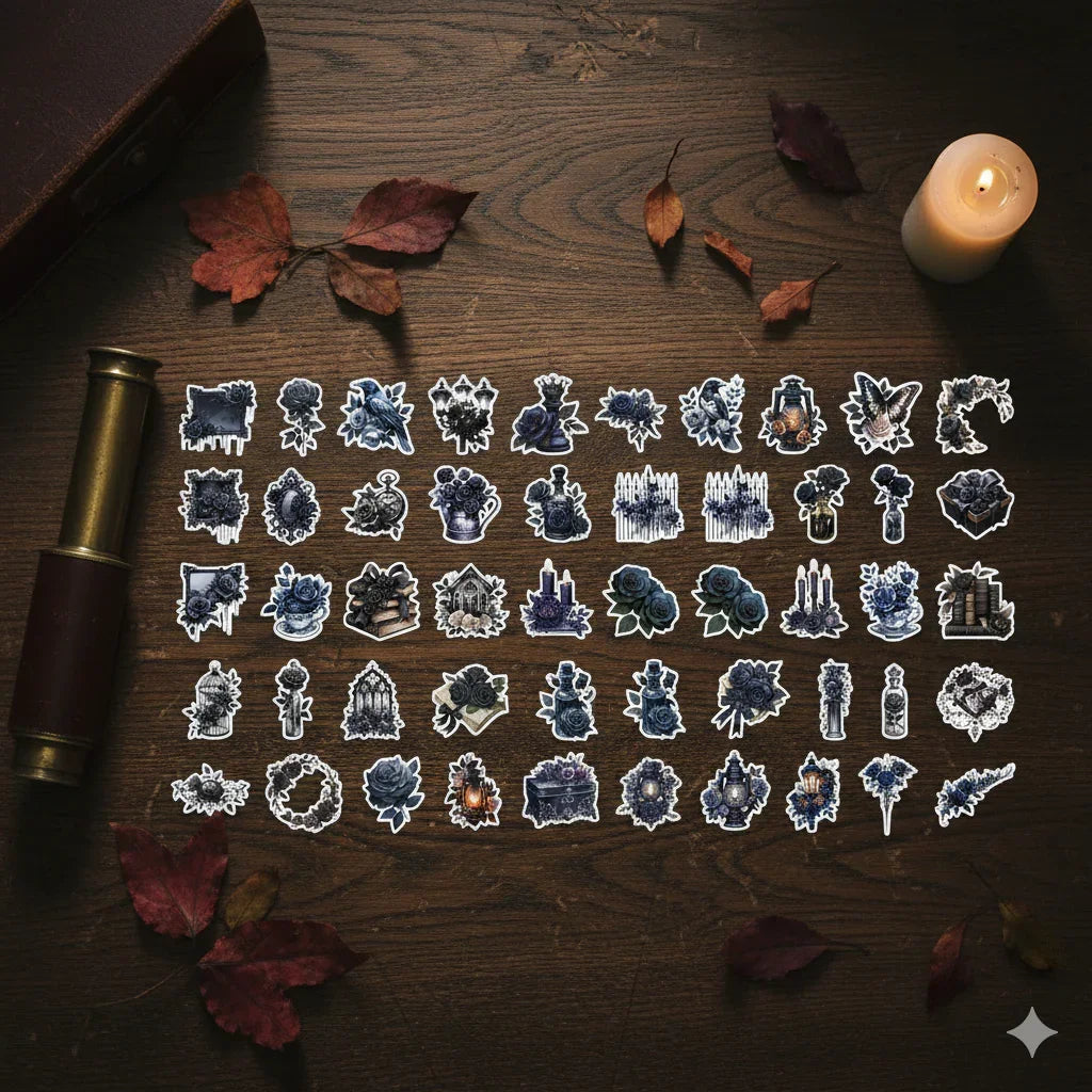 Dark Academia gothic rose sticker pack with 56 assorted midnight blue collage stickers, up to 5cm pieces