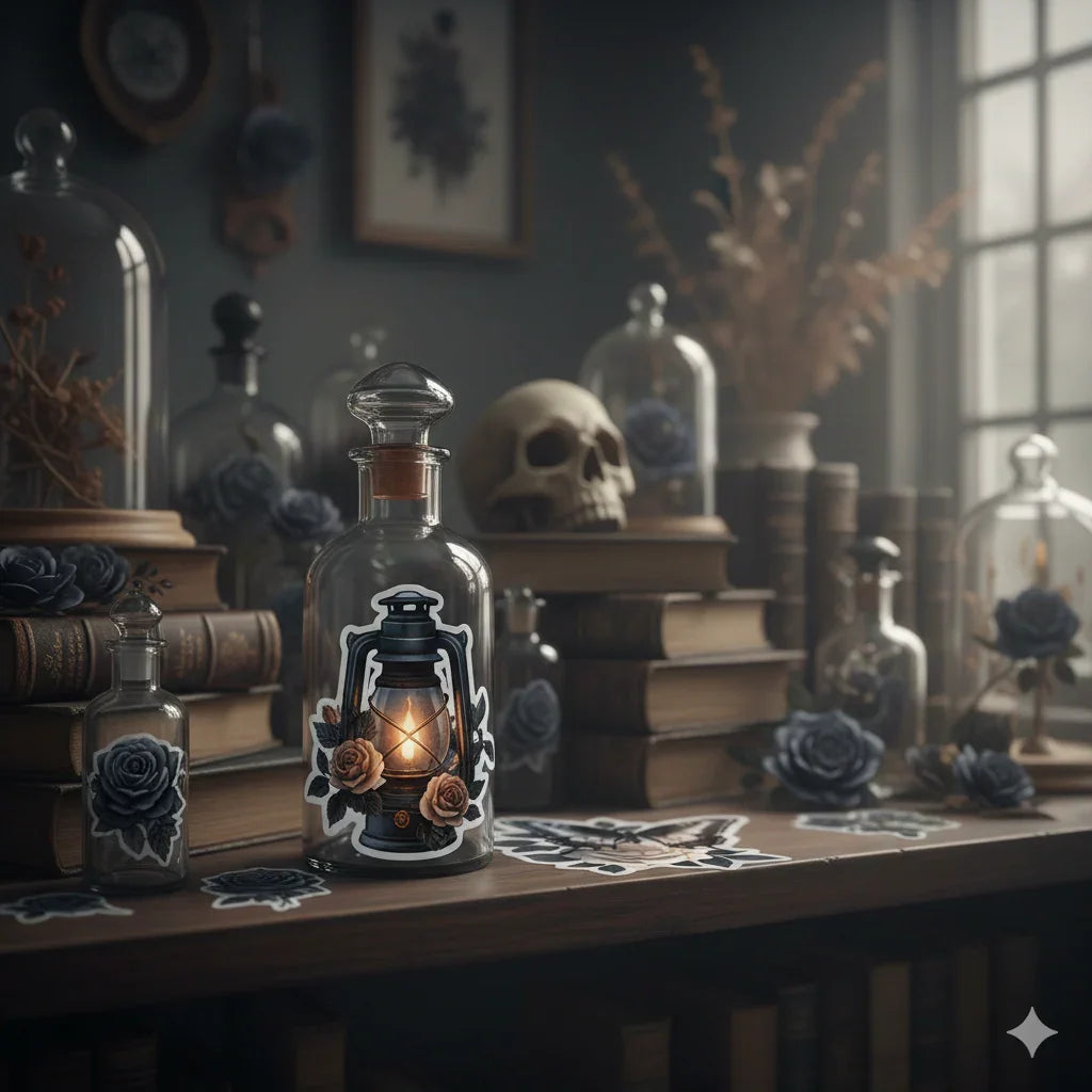 Dark Academia gothic rose sticker pack with 56 assorted midnight blue collage stickers, up to 5cm pieces