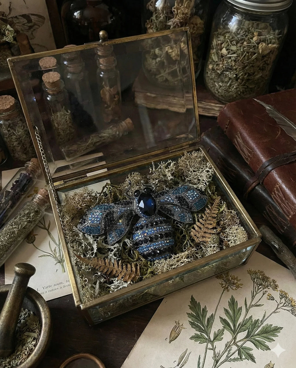 Botanical Gothic insect brooch set of three jewel bee statement pins in amber, blue, and red, 10cm wide