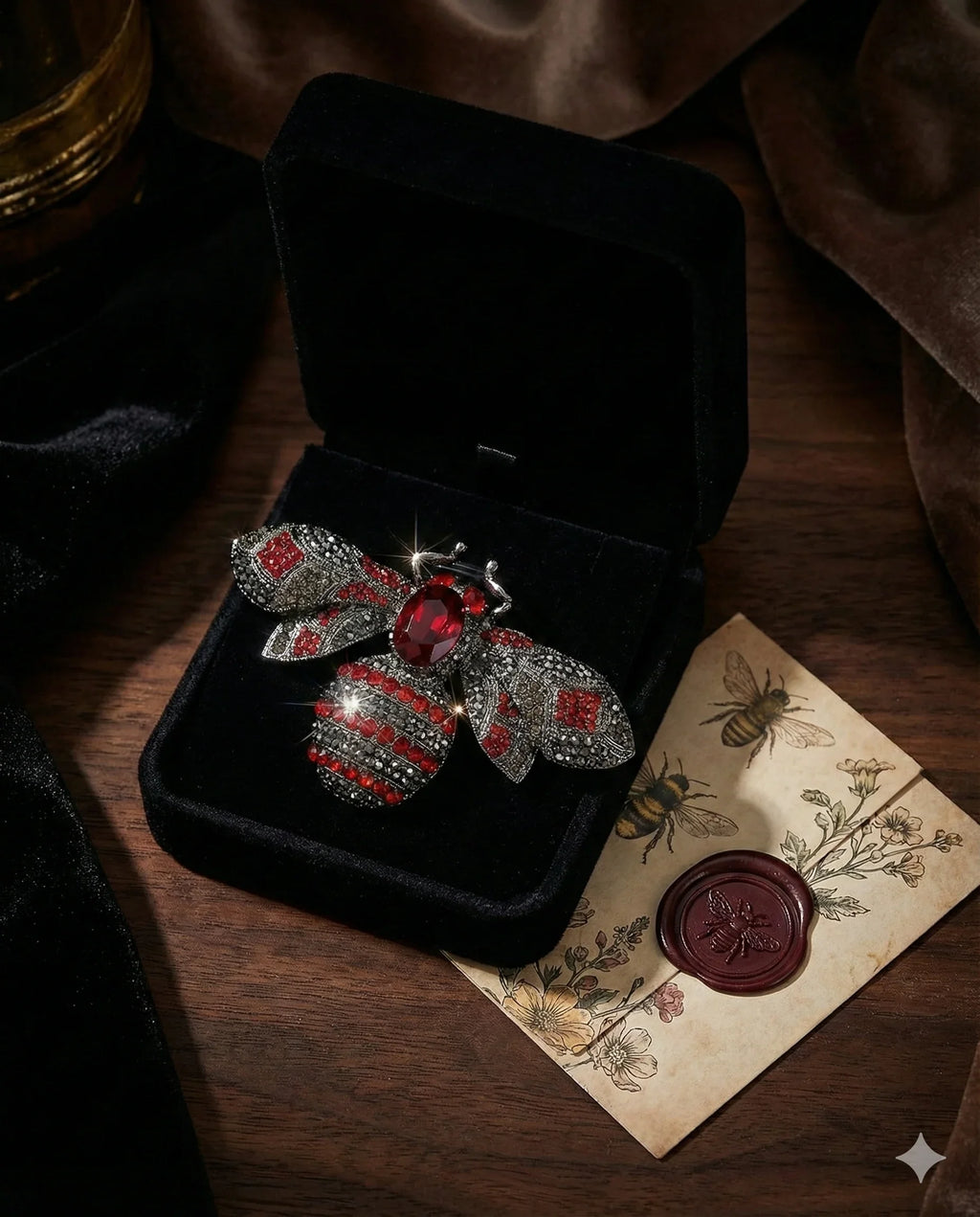 Botanical Gothic insect brooch set of three jewel bee statement pins in amber, blue, and red, 10cm wide