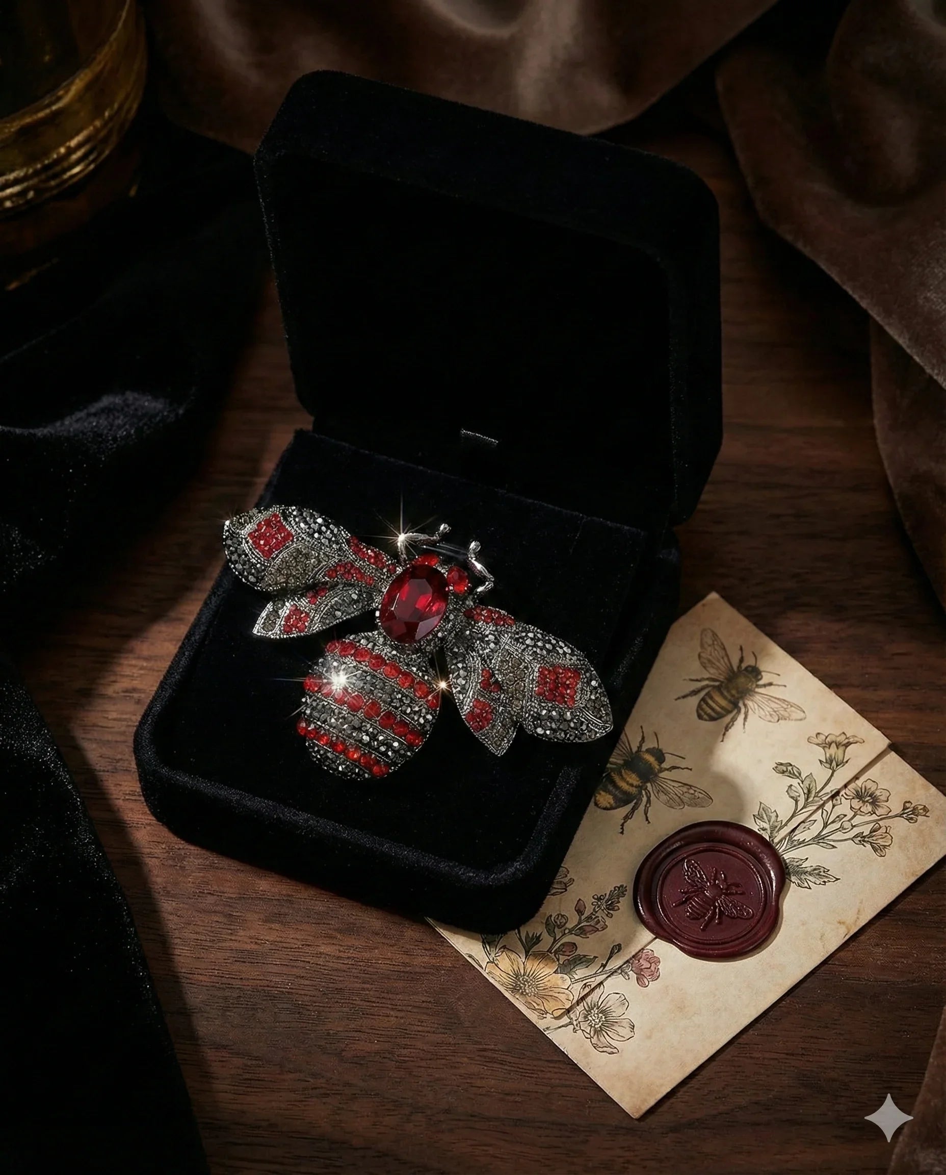 Botanical Gothic insect brooch set of three jewel bee statement pins in amber, blue, and red, 10cm wide