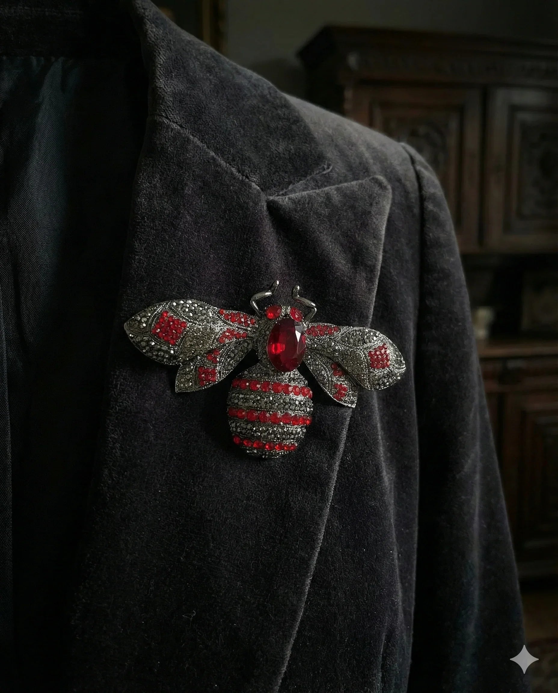 Botanical Gothic insect brooch set of three jewel bee statement pins in amber, blue, and red, 10cm wide