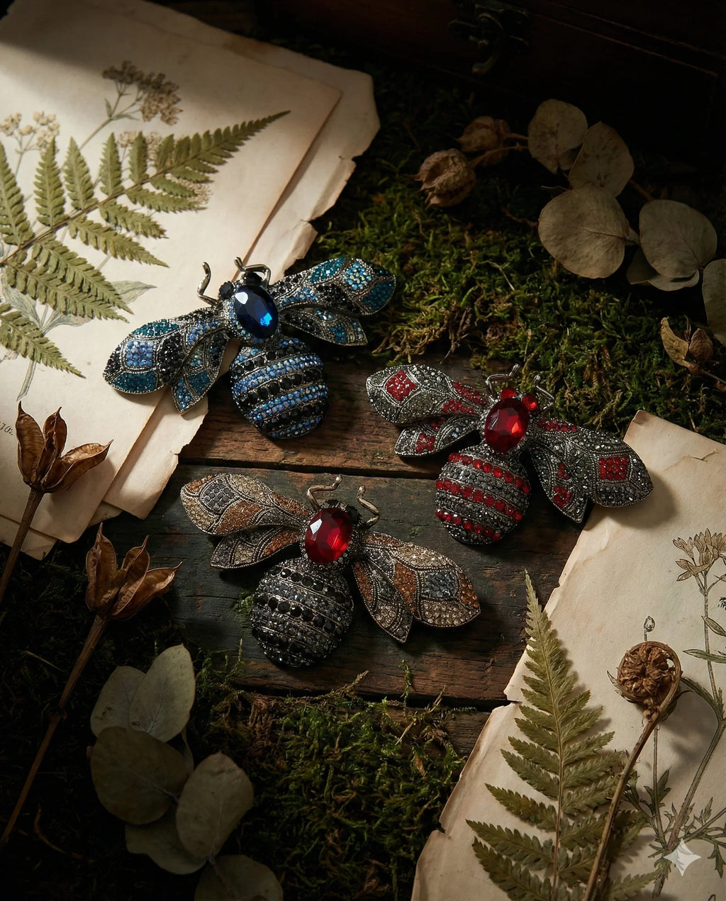 Botanical Gothic insect brooch set of three jewel bee statement pins in amber, blue, and red, 10cm wide