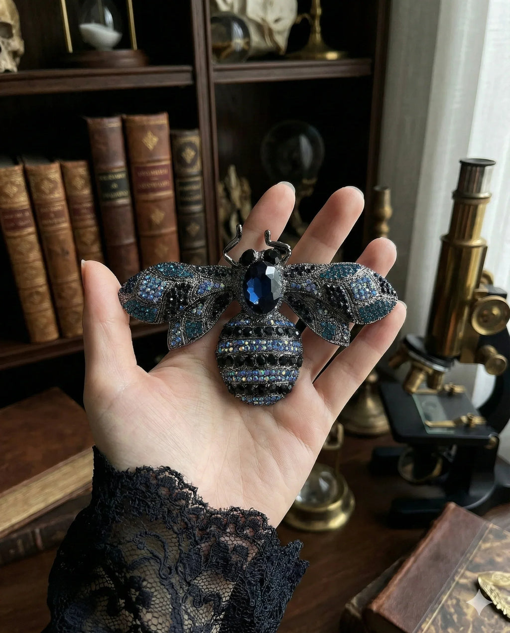 Botanical Gothic insect brooch set of three jewel bee statement pins in amber, blue, and red, 10cm wide