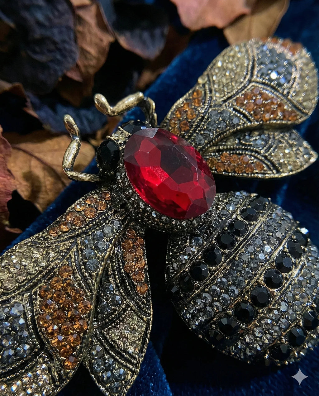 Botanical Gothic insect brooch set of three jewel bee statement pins in amber, blue, and red, 10cm wide
