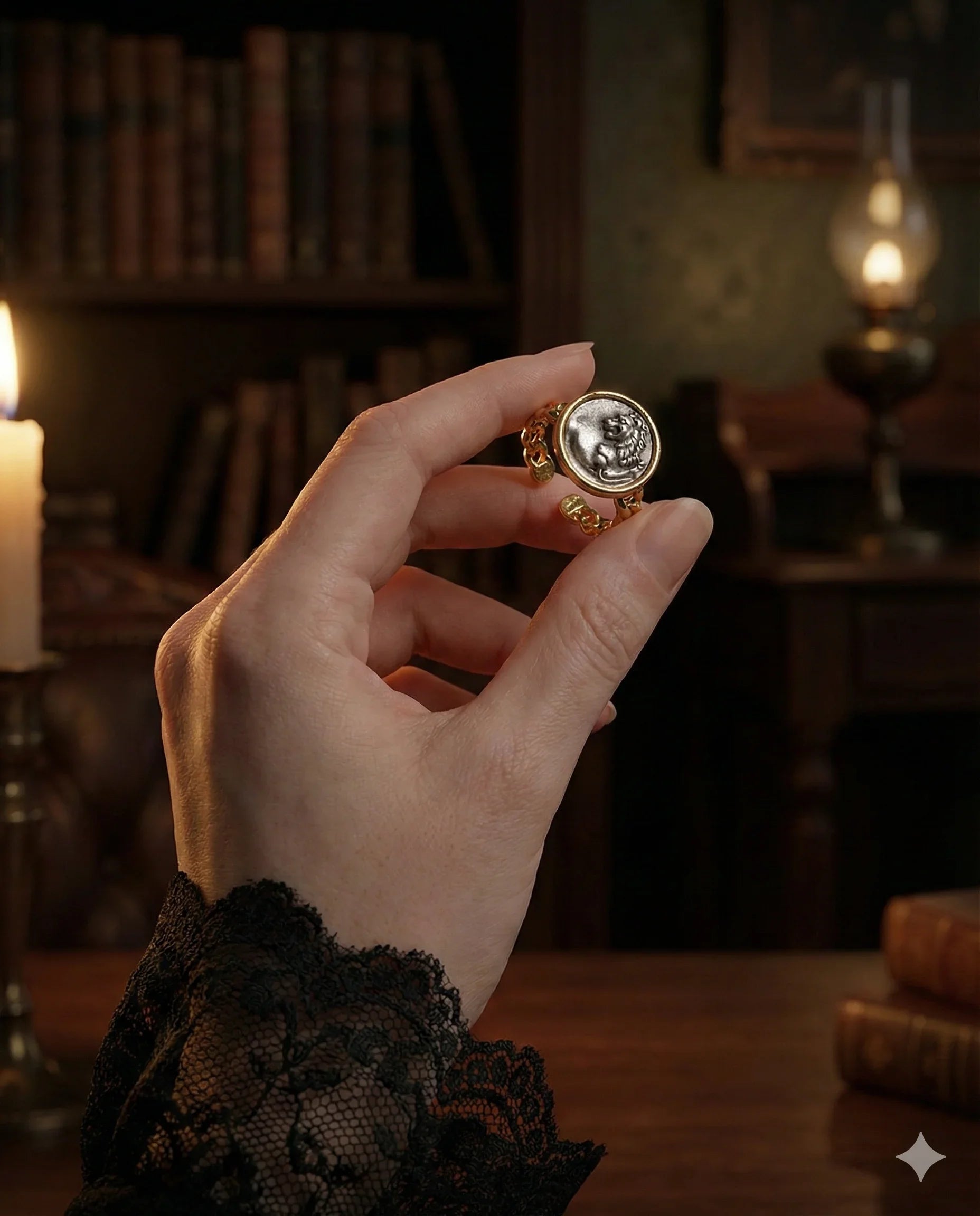 Dark Academia adjustable lion coin ring in gold-tone plated brass, vintage medallion statement ring
