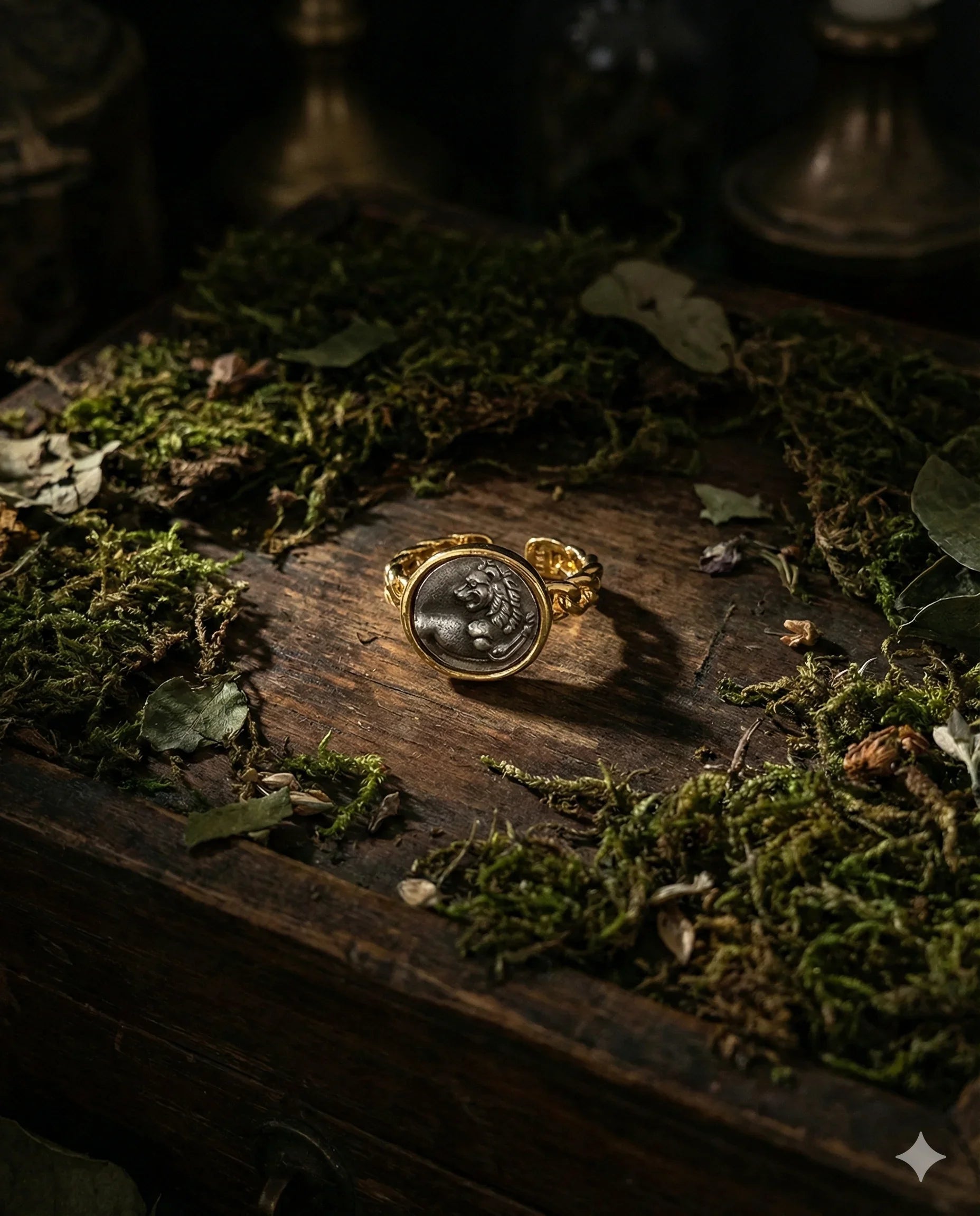 Dark Academia adjustable lion coin ring in gold-tone plated brass, vintage medallion statement ring