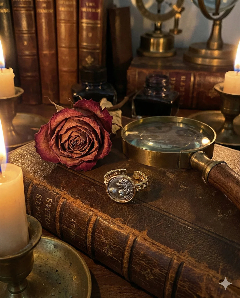 Dark Academia adjustable lion coin ring in gold-tone plated brass, vintage medallion statement ring