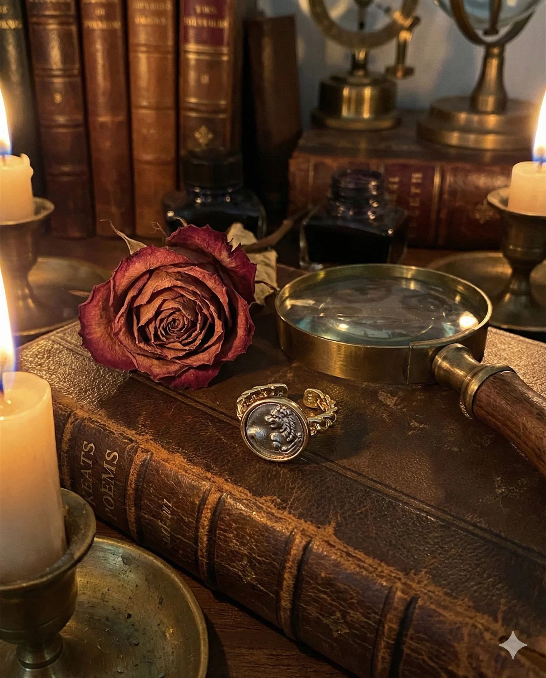 Dark Academia adjustable lion coin ring in gold-tone plated brass, vintage medallion statement ring