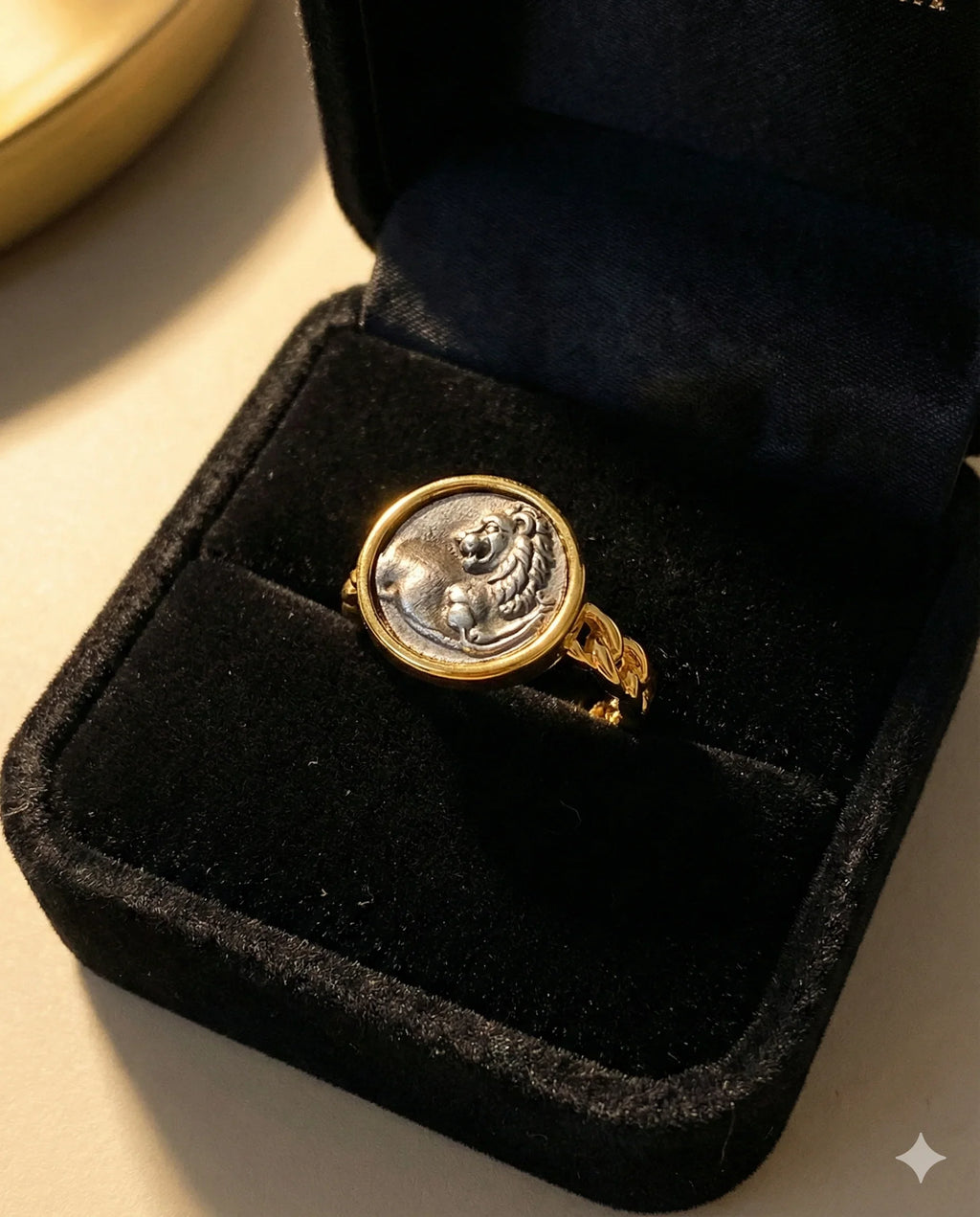 Dark Academia adjustable lion coin ring in gold-tone plated brass, vintage medallion statement ring