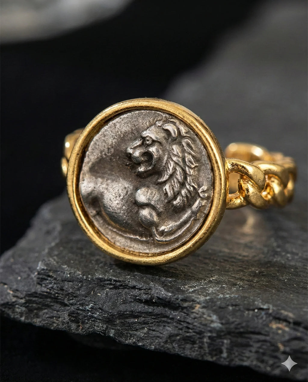 Dark Academia adjustable lion coin ring in gold-tone plated brass, vintage medallion statement ring