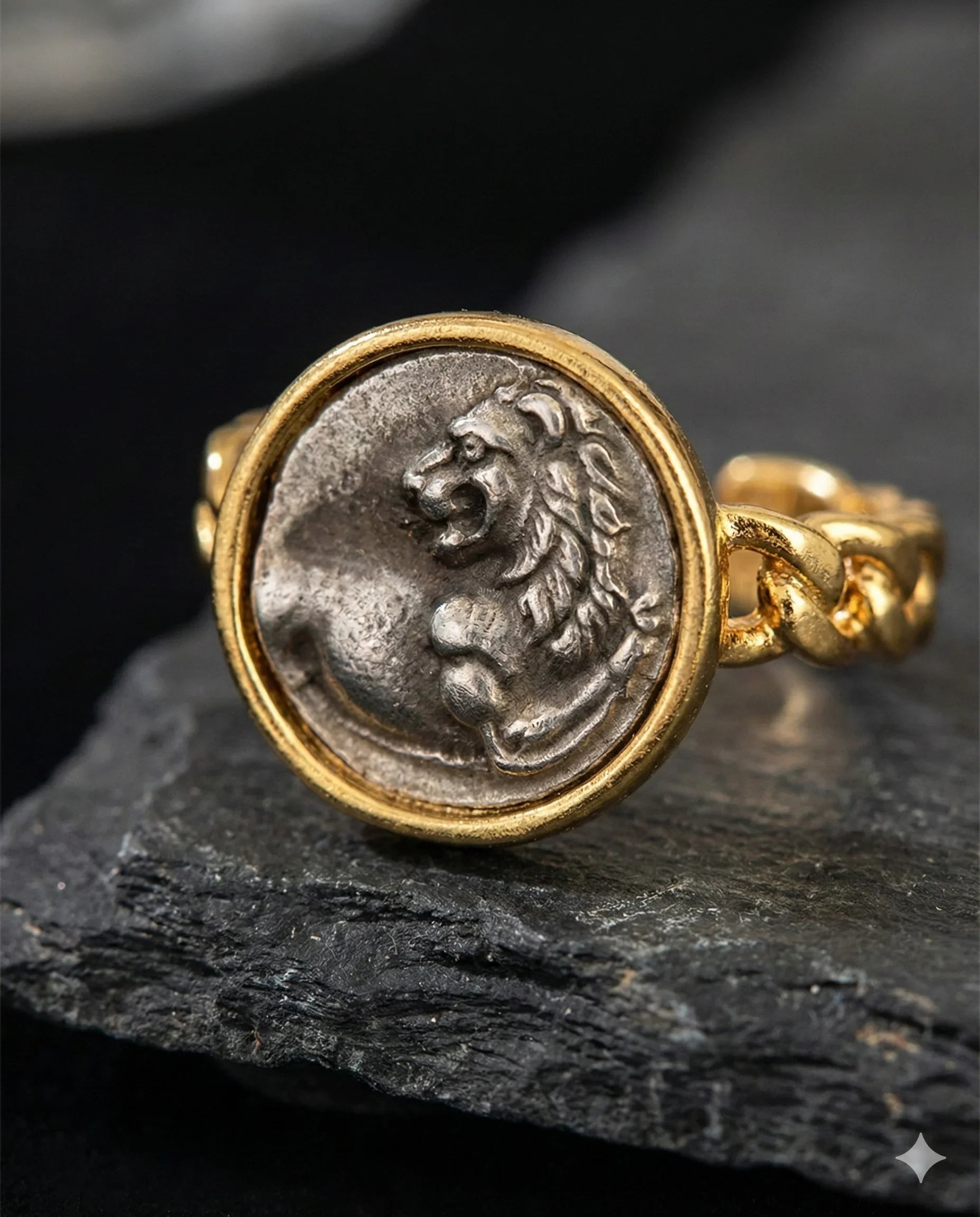 Dark Academia adjustable lion coin ring in gold-tone plated brass, vintage medallion statement ring