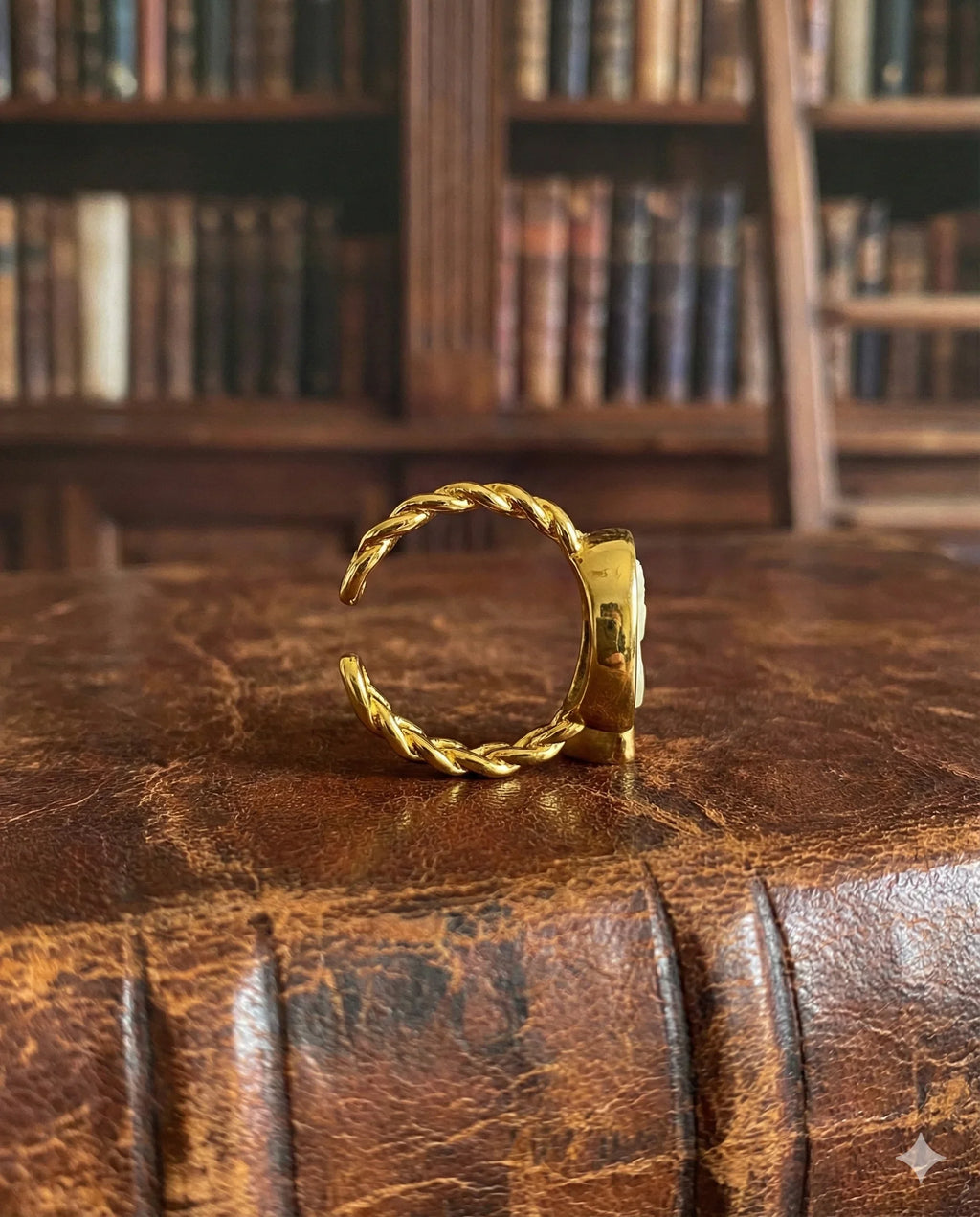 Dark Academia adjustable lion coin ring in gold-tone plated brass, vintage medallion statement ring