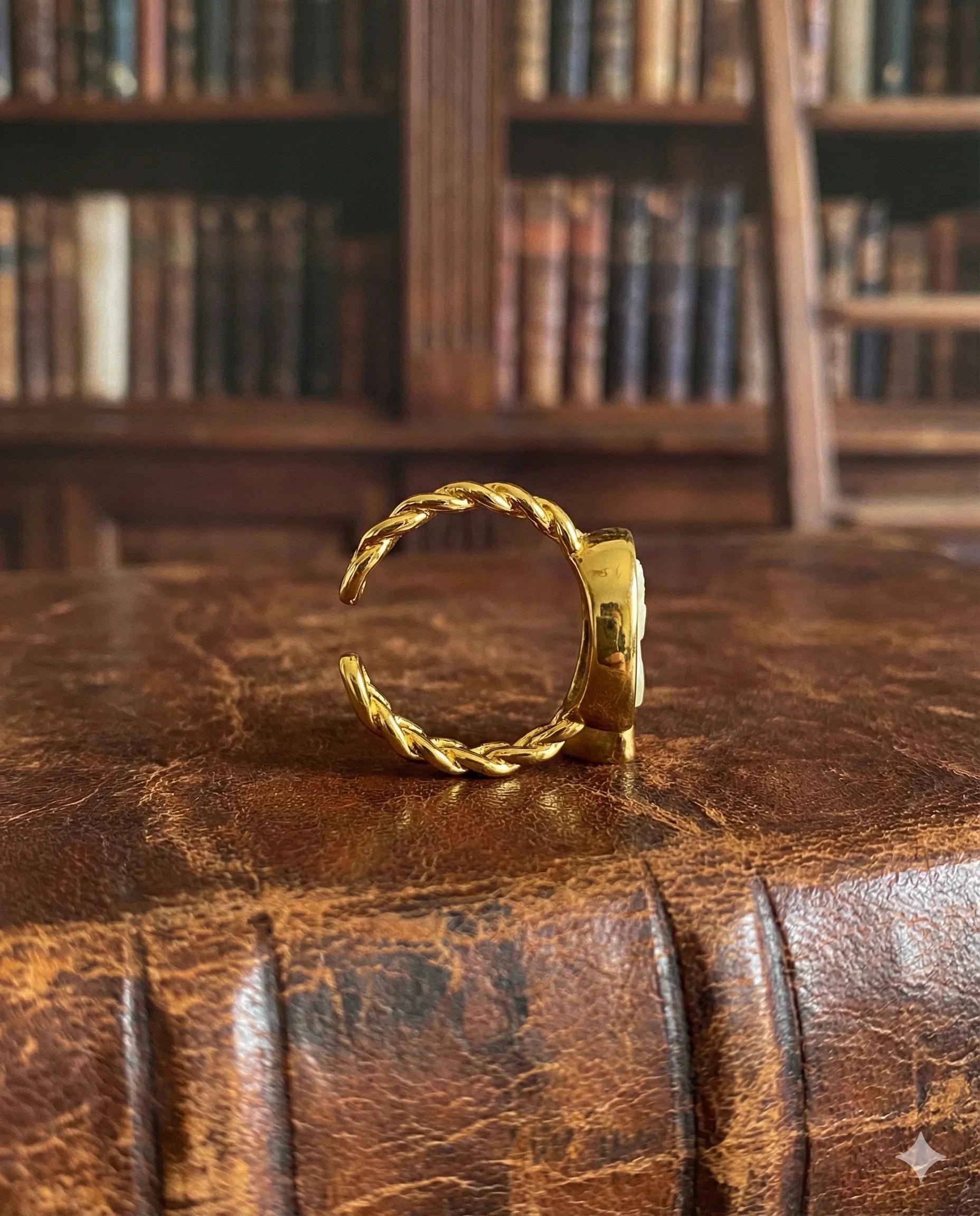Dark Academia adjustable lion coin ring in gold-tone plated brass, vintage medallion statement ring