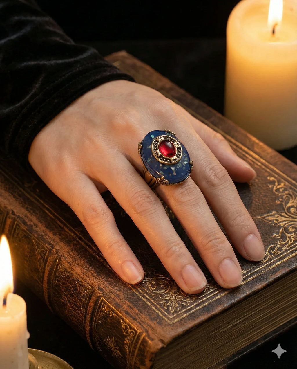 Botanical Gothic statement ring with deep blue oval stone and crimson center cabochon, vintage-style setting, 2.7cm face