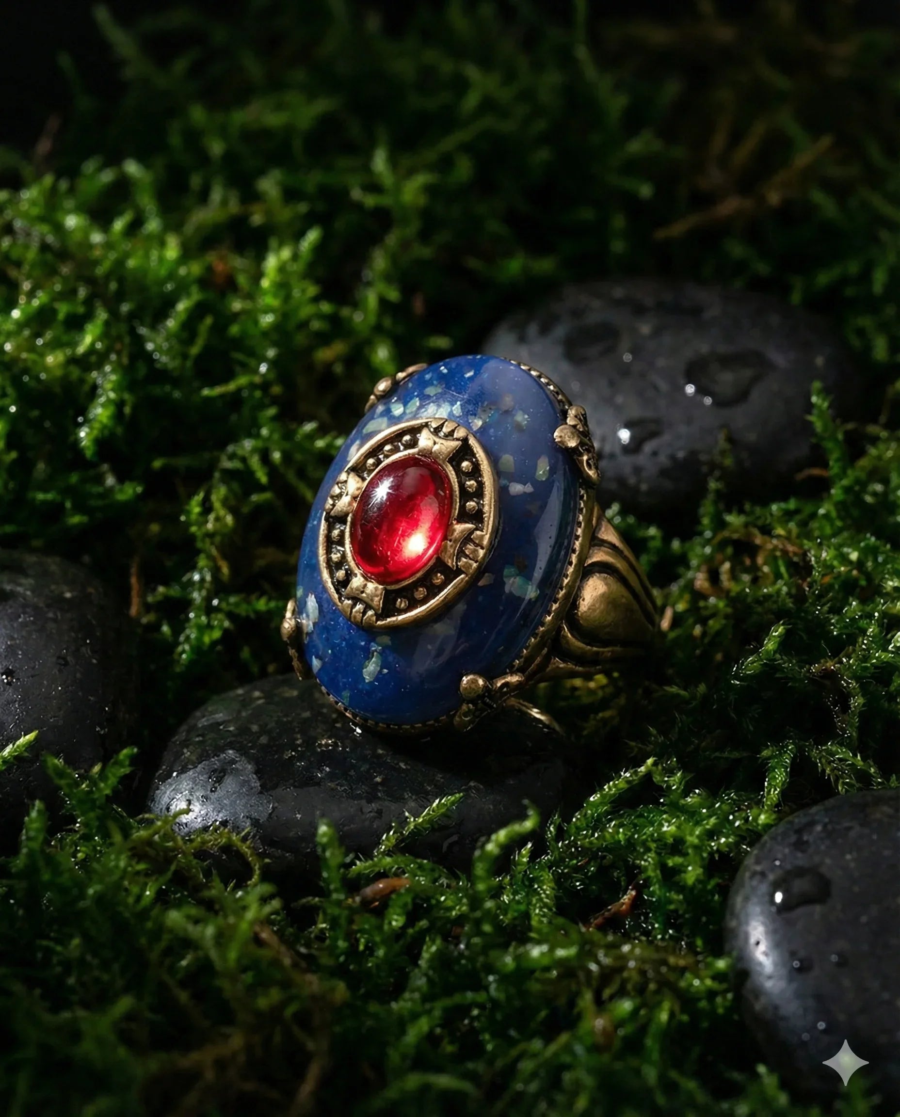 Botanical Gothic statement ring with deep blue oval stone and crimson center cabochon, vintage-style setting, 2.7cm face