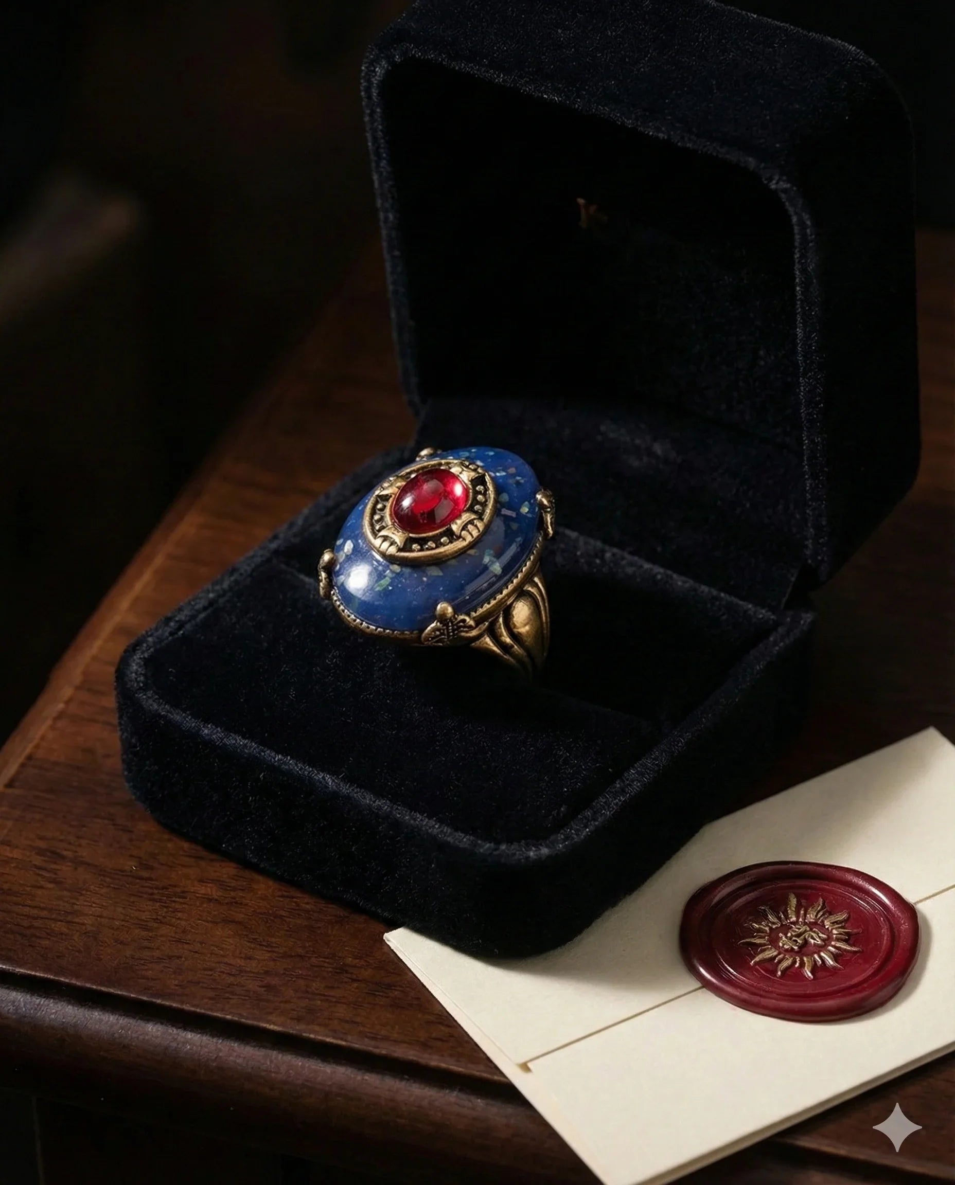 Botanical Gothic statement ring with deep blue oval stone and crimson center cabochon, vintage-style setting, 2.7cm face