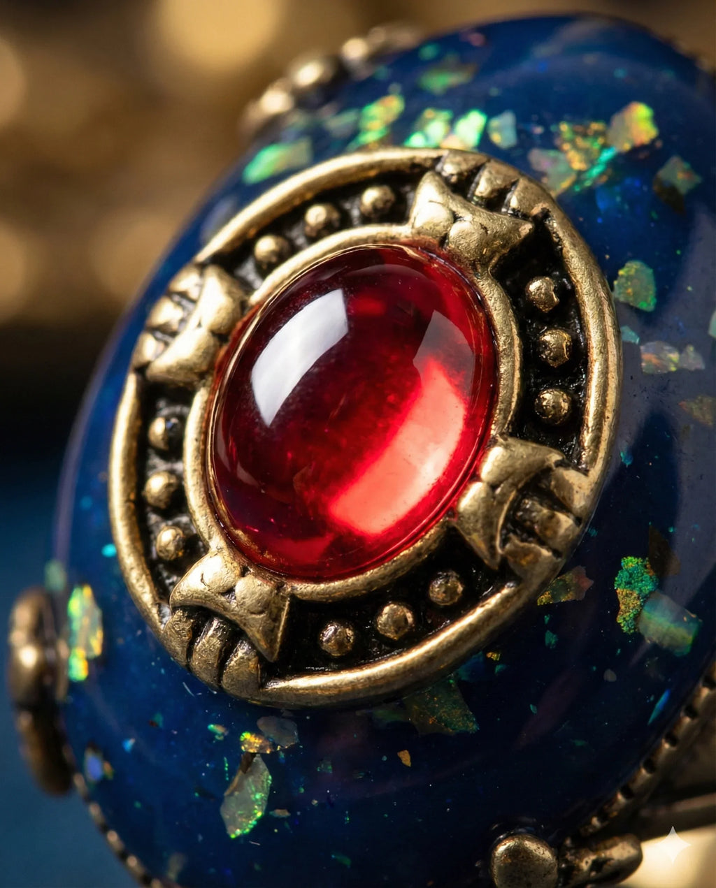 Botanical Gothic statement ring with deep blue oval stone and crimson center cabochon, vintage-style setting, 2.7cm face