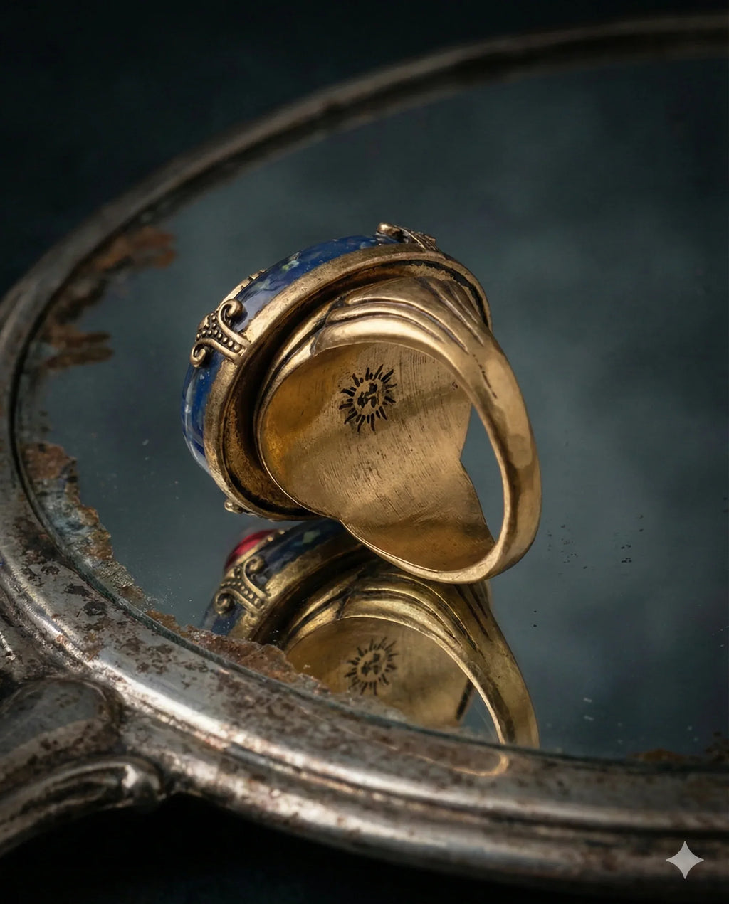 Botanical Gothic statement ring with deep blue oval stone and crimson center cabochon, vintage-style setting, 2.7cm face