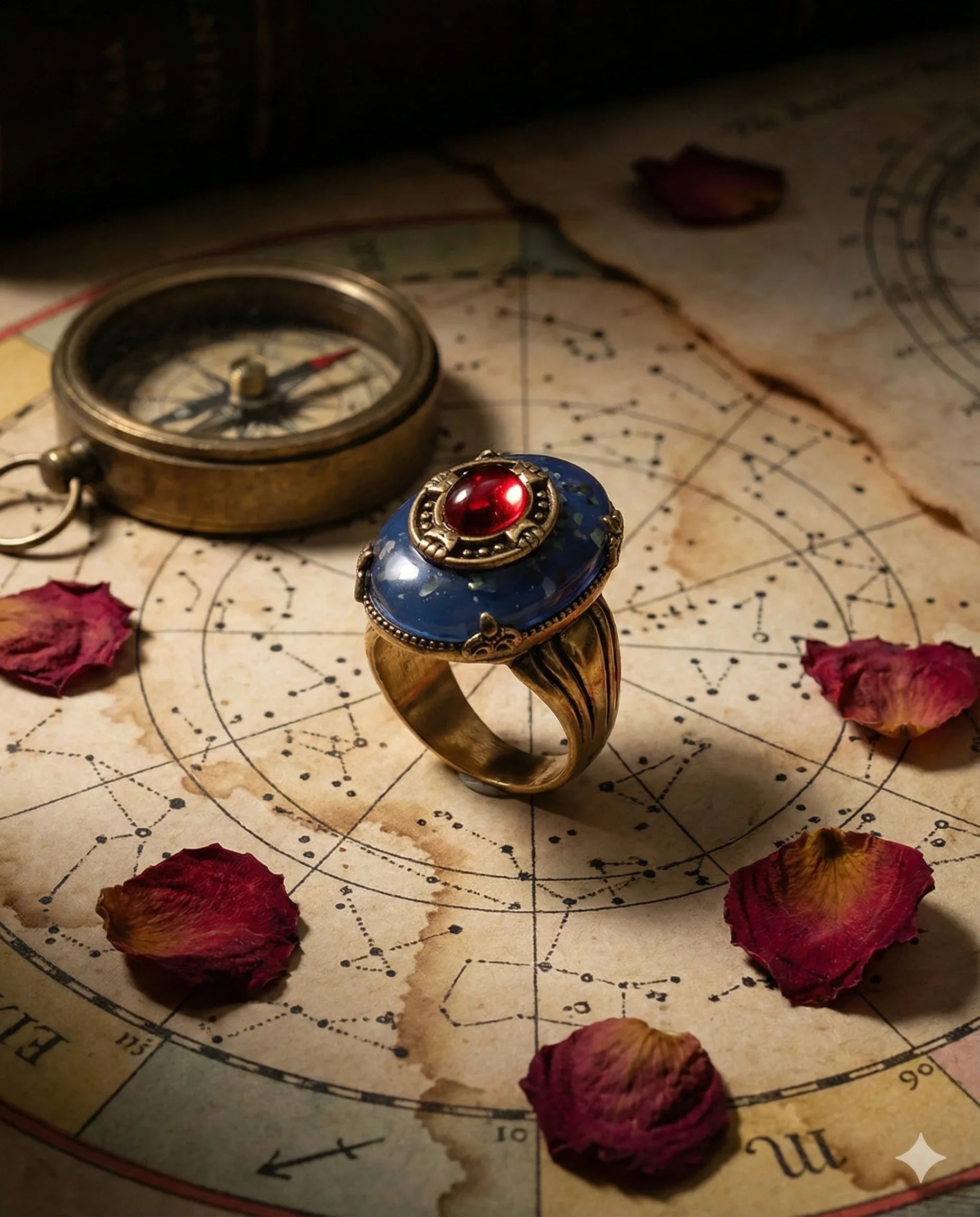 Botanical Gothic statement ring with deep blue oval stone and crimson center cabochon, vintage-style setting, 2.7cm face