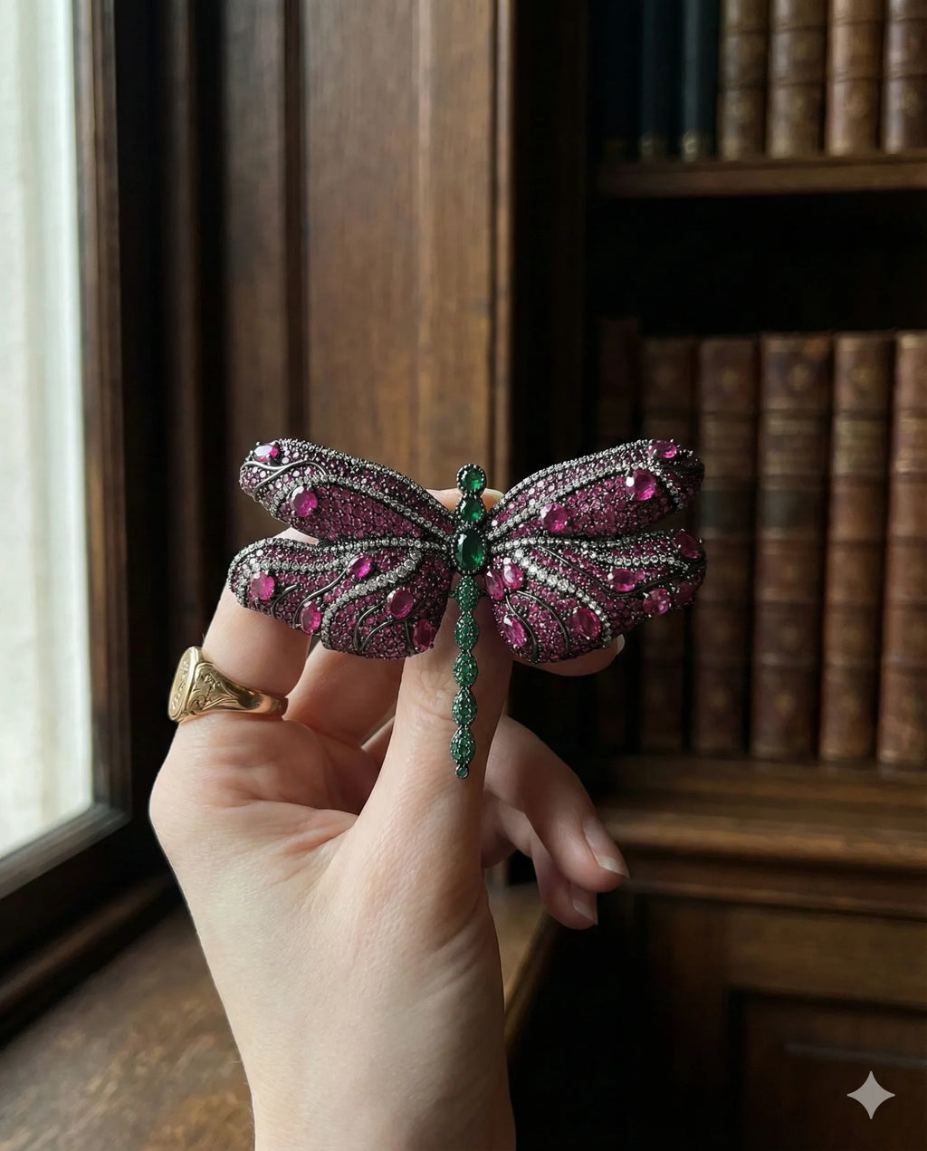 Botanical Gothic crystal pavé dragonfly brooch in magenta with emerald green accents, vintage-inspired statement pin