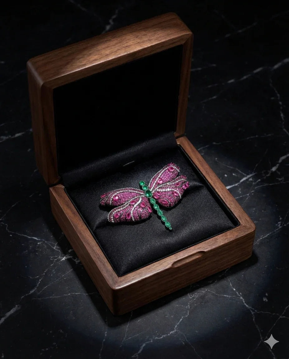 Botanical Gothic crystal pavé dragonfly brooch in magenta with emerald green accents, vintage-inspired statement pin