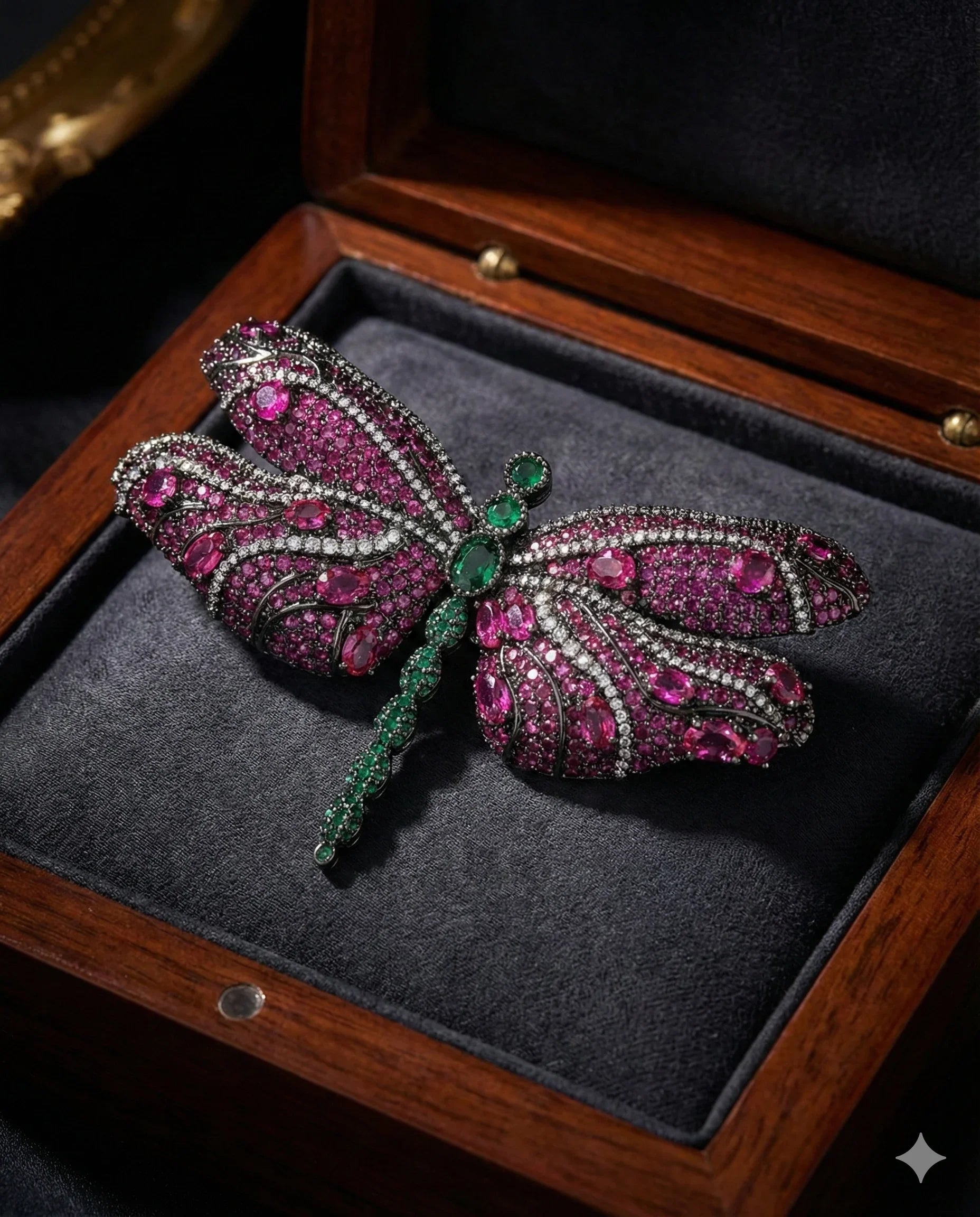 Botanical Gothic crystal pavé dragonfly brooch in magenta with emerald green accents, vintage-inspired statement pin