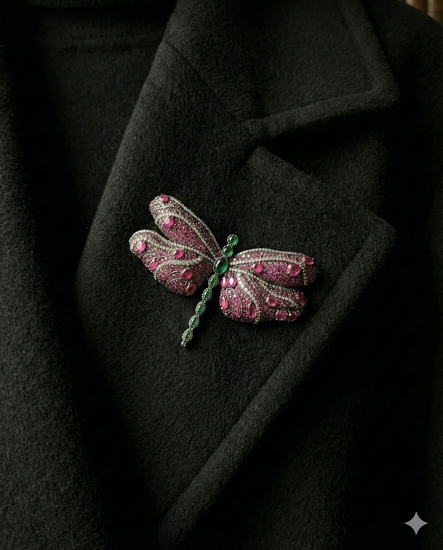 Botanical Gothic crystal pavé dragonfly brooch in magenta with emerald green accents, vintage-inspired statement pin