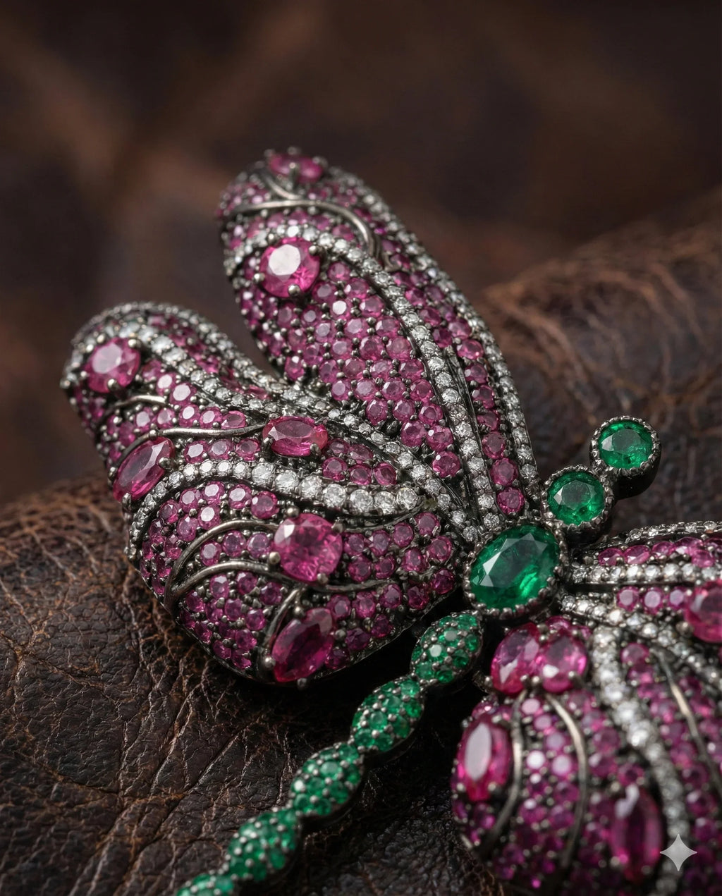 Botanical Gothic crystal pavé dragonfly brooch in magenta with emerald green accents, vintage-inspired statement pin