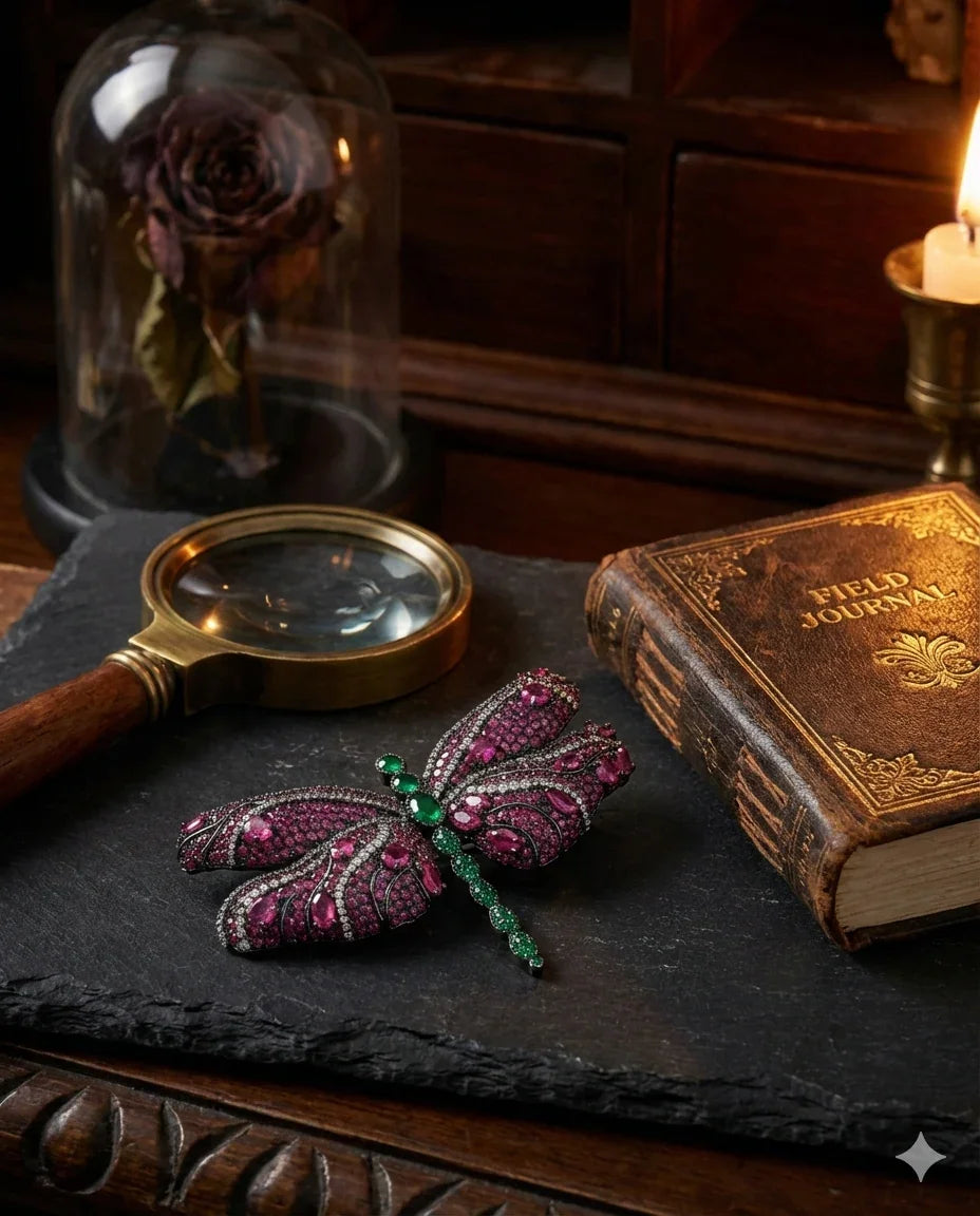 Botanical Gothic crystal pavé dragonfly brooch in magenta with emerald green accents, vintage-inspired statement pin