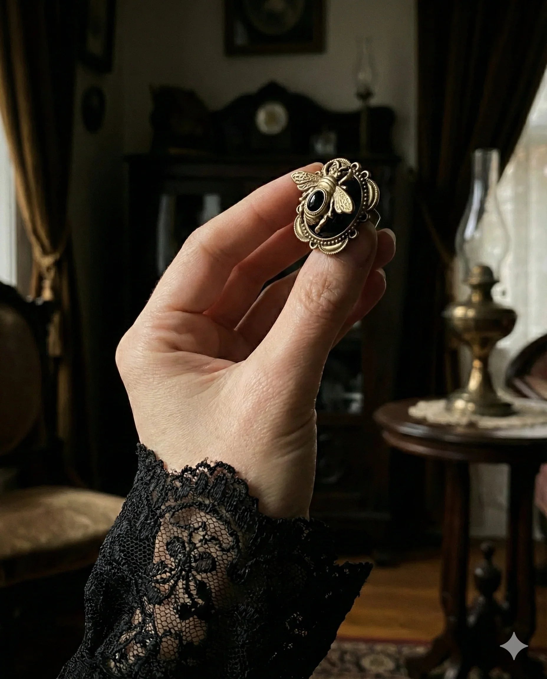 Botanical Gothic vintage bee ring with black cabochon stone, ornate antique-style copper alloy statement ring, 2.6cm face