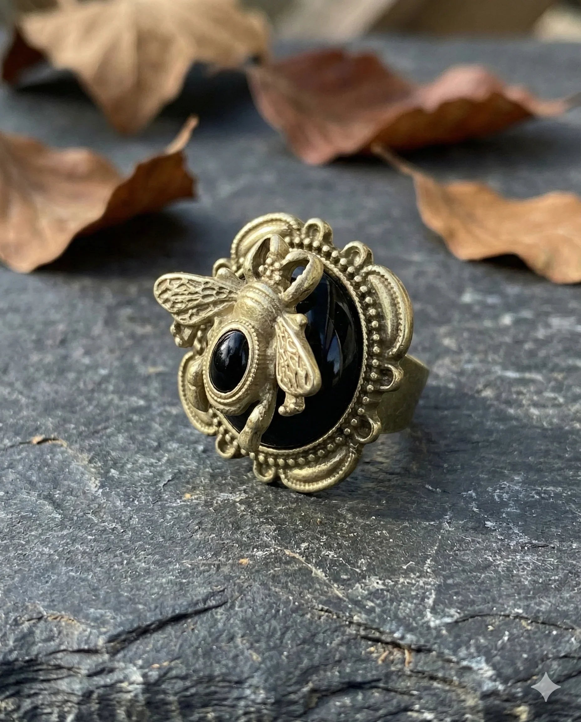 Botanical Gothic vintage bee ring with black cabochon stone, ornate antique-style copper alloy statement ring, 2.6cm face