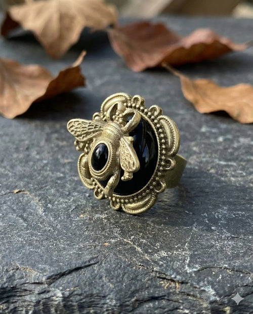 Botanical Gothic vintage bee ring with black cabochon stone, ornate antique-style copper alloy statement ring, 2.6cm face