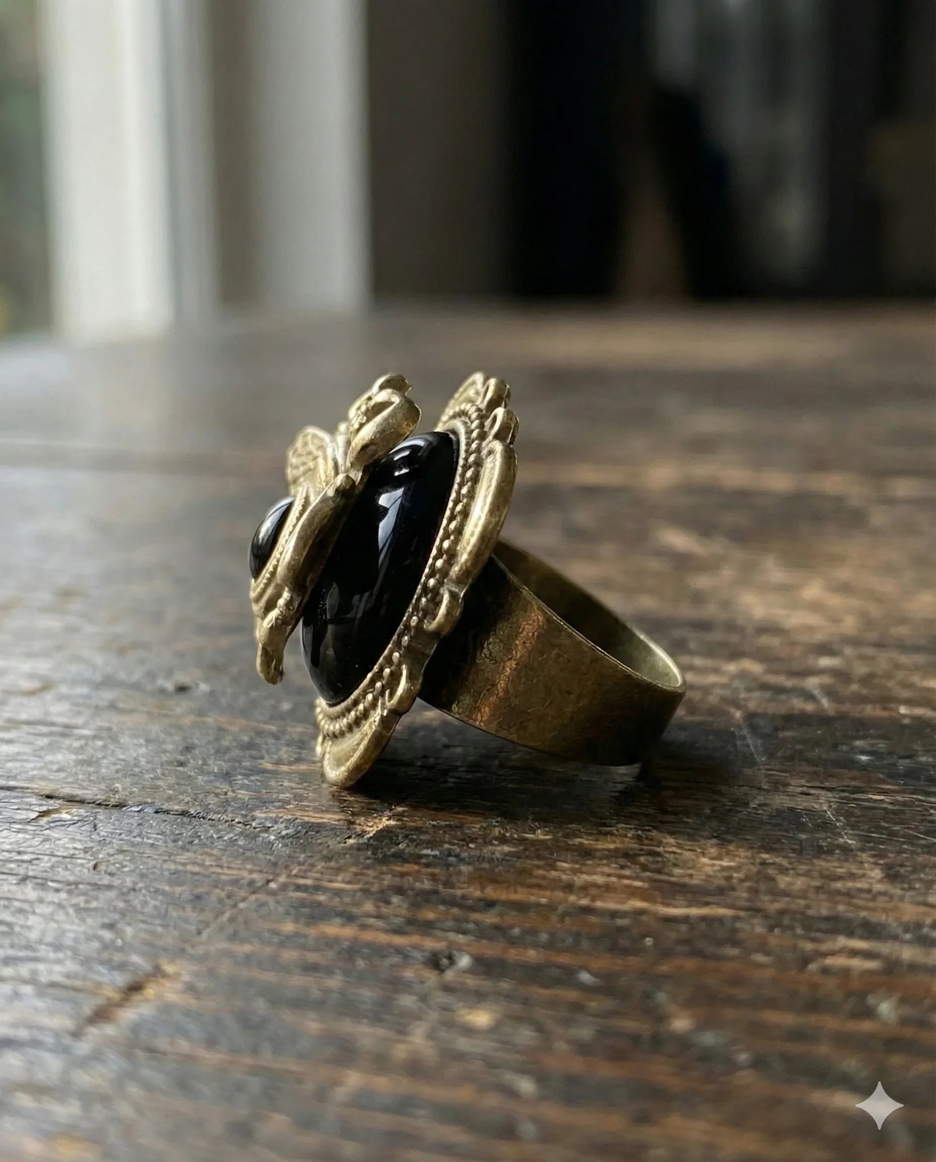 Botanical Gothic vintage bee ring with black cabochon stone, ornate antique-style copper alloy statement ring, 2.6cm face