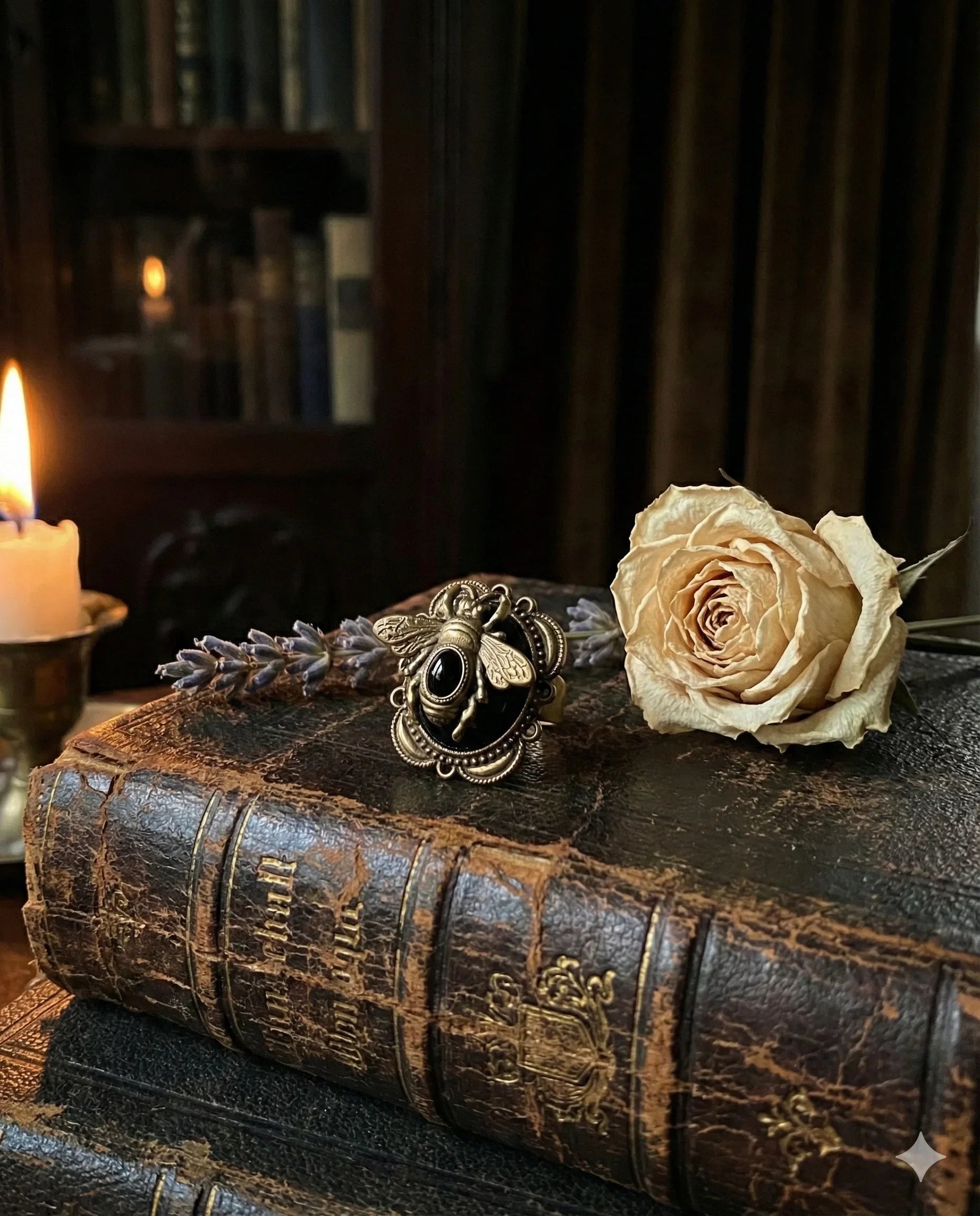 Botanical Gothic vintage bee ring with black cabochon stone, ornate antique-style copper alloy statement ring, 2.6cm face