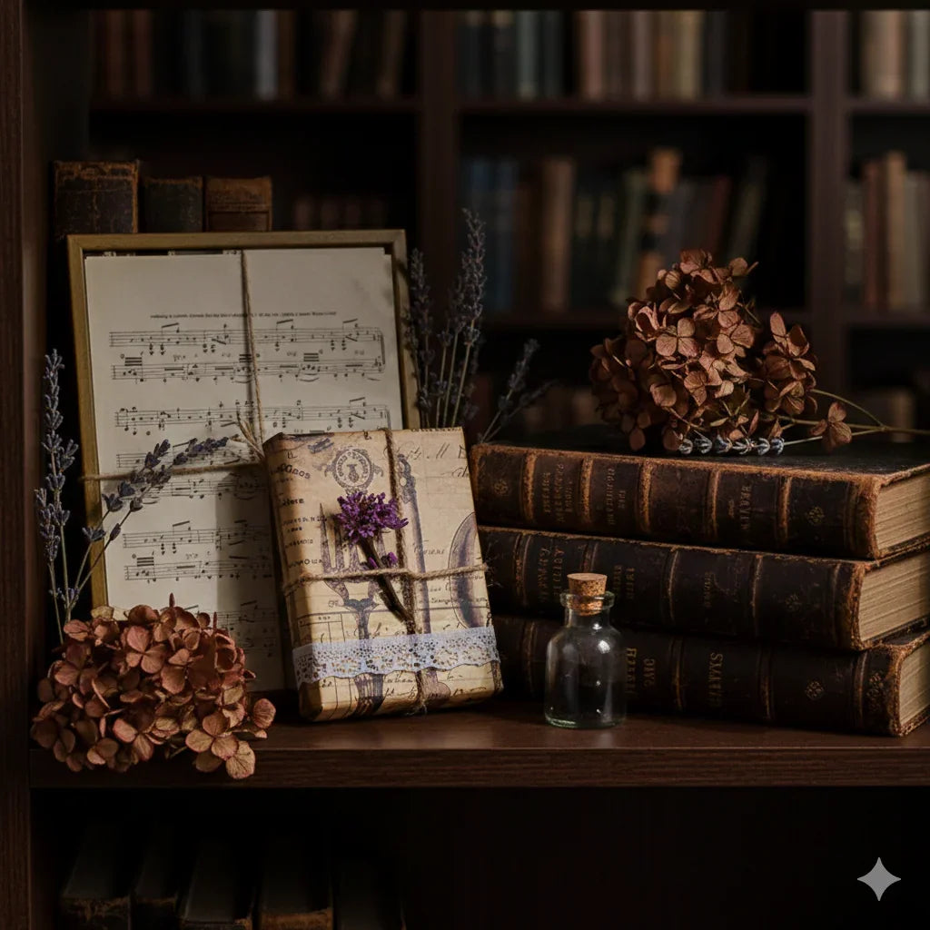 Dark Academia vintage botanical ephemera paper pack with aged catalog-style pages, 30 sheets, 140x200mm