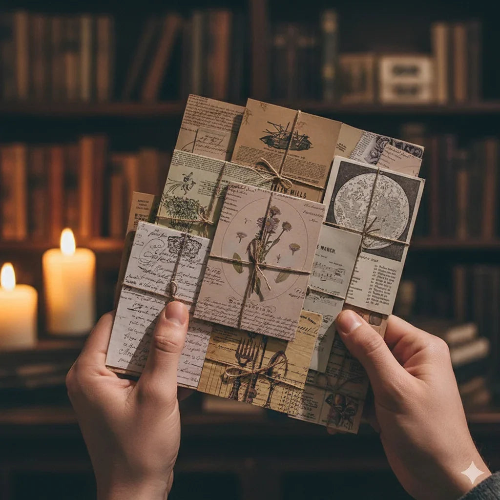Dark Academia vintage botanical ephemera paper pack with aged catalog-style pages, 30 sheets, 140x200mm