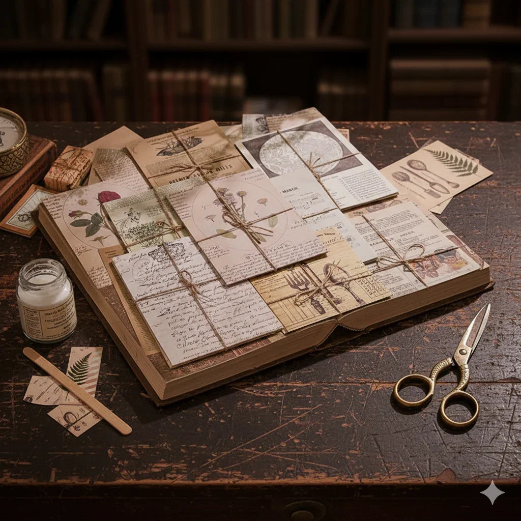 Dark Academia vintage botanical ephemera paper pack with aged catalog-style pages, 30 sheets, 140x200mm