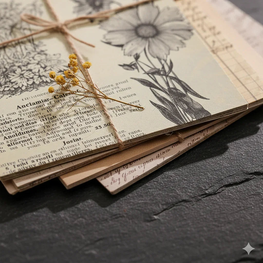 Dark Academia vintage botanical ephemera paper pack with aged catalog-style pages, 30 sheets, 140x200mm