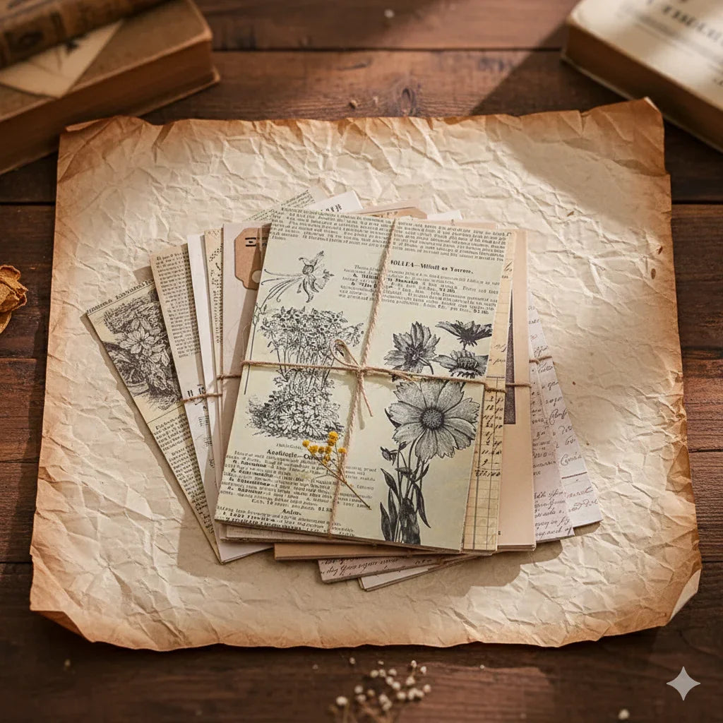 Dark Academia vintage botanical ephemera paper pack with aged catalog-style pages, 30 sheets, 140x200mm