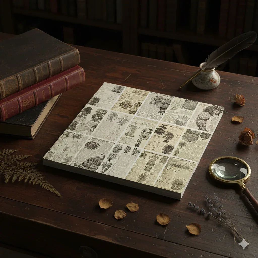 Dark Academia vintage botanical ephemera paper pack with aged catalog-style pages, 30 sheets, 140x200mm