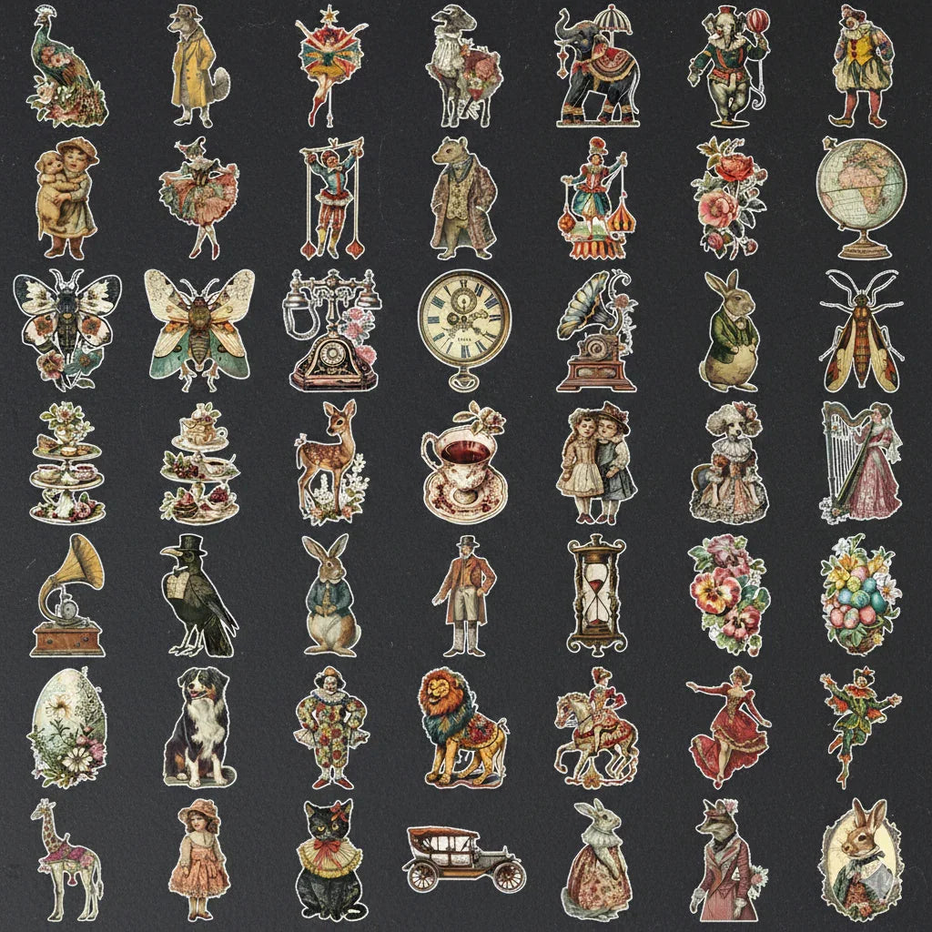 Dark Academia vintage ephemera PET sticker pack with 50 assorted collage and journaling stickers, 4 to 6 cm pieces