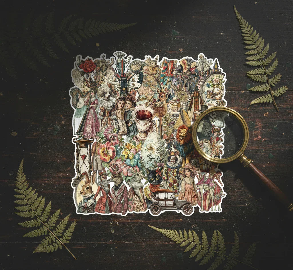 Dark Academia vintage ephemera PET sticker pack with 50 assorted collage and journaling stickers, 4 to 6 cm pieces